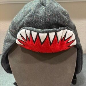 Grey and red shark hoodie/hat with adjustable strap